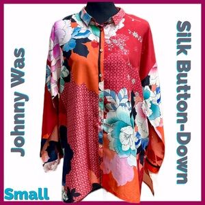 🧡EUC/JohnnyWas/Silk/ButtonDown/Long-Sleeve/Multi-Color/Floral Patterns/Blouse/S